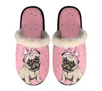 SEANATIVE Winter Non-slip Slipper for Women Girls Cute Puppy Pug Print Comfortable House Slipper Fuzzy Plush Lining Slipper,Pink