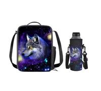 SEANATIVE Wolf Galaxy Lunch Tote Bag with Shoulder Strap for Girls Soft Lunch Box with Large Bottle Cooler Cover, Portable School Travel Accessory