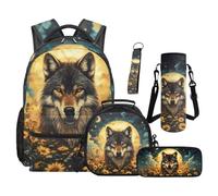 SEANATIVE Wolf Kids Backpack Set 5 Piece Sunflower 17 Inch Water Resistant Backpack with Lunch Bag Pencil Case for 9-12 Years Old Elementary to Middle School Cool Kids Bookbag