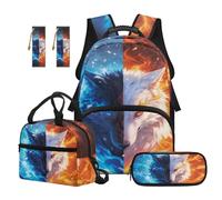 SEANATIVE Wolf Kids Backpack Set for Boys 9-12 Years Old Cool 17 Inch 5 Pcs School Bag with Lunch Box, Pencil Case & 2 Bookmarks for Middle School