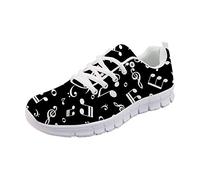 SEANATIVE Women Black Running Shoes Music Notes Print Breathable Trainer for Sport Vacation Size 37