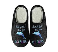SEANATIVE Women Casual Winter Slipper Blue Dolphin Print Girls Cute Soft Fleece Slipper Non-slip Comfy Slip-On House Slipper