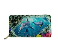 SEANATIVE Women Girls Long Clutch Wallet Underwater Dolphin Printed PU Leather Travel Purse Card Holder