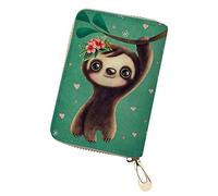SEANATIVE Women Girls PU Leather Credit Card Holder Case Green Floral Sloth Design Portable Small Clutch Bag