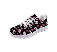 SEANATIVE Women Lace Up Flat Shoes Lightweight Sneaker Gym Fitness Shoes Star Sugar Skull Print Size 36