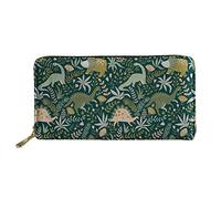 SEANATIVE Women Leather Long Wallet Clutch Zipper Money Clip Dinosaur Print Green for Children