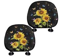 SEANATIVE Yellow Sunflower Print Car Headrest Covers Set of 2 Butterfly Design Universal Headrest Protector Cover for Most Car SUV Truck
