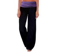 Seanrui Women's Comfy Casual Pajama Pants Floral Print Fold Waist Palazzo Lounge Pants Wide Leg - Purple - Large