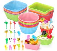 SEANSDA 70 Pcs Silicone Lunch Box Dividers Set, Thicked Silicone Cupcake Liners for Baking, Reusable Lunch Bento Box Accessories with Animal Food Picks for Kids (20 Cupcake Cup + 50 Picks)