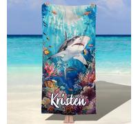 SearchI Personalised Beach Towel with Name 150x75cm,Custom Bath Towels with Name for Swimming Pool Bathroom Camping Travel,Quick Dry Microfiber Beach Towel for Adults Kids Lovers Birthday-01 Shark