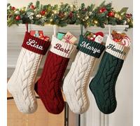 SearchI Personalised Christmas Stocking, 45cm Large Custom Family Christmas Stocking with Names Customised Knit Embroidered Xmas Stockings Initial Knitted Fireplace Hanging Stockings (2 Pcs)