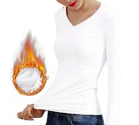 SearchI Women's Thermal Underwear Long Sleeve Soft Micro Fleece Lining T-Shirt Top Winter Warm Base Layer(White/V-Neck,M)