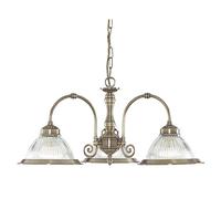 Searchlight American Diner Antique Brass and Clear Ribbed Glass 3 Way Pendant Light Fitting Takes 3 X 10 Watt E27 Lamps