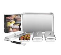 SearCook BBQ Vegetable Grill Basket Set, 4 Piece Stainless Steel Grill Pan Set with Universal Handle & lid, Dishwasher Safe, for Outdoor Cooking, Camping, Picnic, For Grilling Fish Veggies & Meats