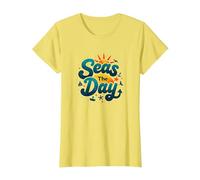 Seas The Day Funny Cruise Vacation Nautical Ocean Sun T-Shirt, Women, Lemon, XL