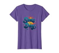 Seas The Day Funny Cruise Vacation Nautical Ocean Sun T-Shirt, Women, Purple Heather, S