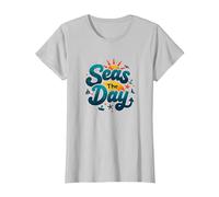 Seas The Day Funny Cruise Vacation Nautical Ocean Sun T-Shirt, Women, Silver, S