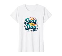 Seas The Day Funny Cruise Vacation Nautical Ocean Sun T-Shirt, Women, White, M