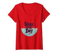Seas The Day: Nautical Adventure for Ocean Lovers V-Neck T-Shirt, Women, Red, XL