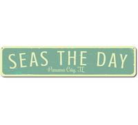 Seas The Day Sign, Personalized Beach Location Sign, Custom Beach 211 Metal Signs 40x10 cm