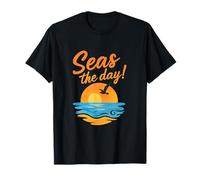 Seas The Day Sunset Beach Ocean Seagull Design T-Shirt