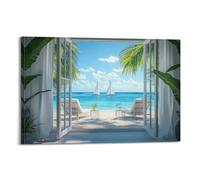 Seascape Beach Canvas Wall Art, Ocean Birds Sunset White Fake Window Hanging Paintings, Themed Artwork Print for Living Room Bedroom Bathroom Home Office Decor 16x24inch(40x60cm)