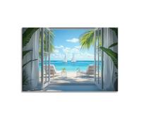 Seascape Beach Canvas Wall Art, Ocean Birds Sunset White Fake Window Hanging Paintings, Themed Artwork Print for Living Room Bedroom Bathroom Home Office Decor 20x30inch(50x75cm)