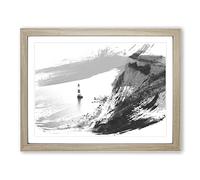 Seascape Coast Shore Cliffs Beach Lighthouse V1 Modern Framed Print | A4 Oak Framed Wall Art | Ready to Hang | Modern Cityscape Picture | Living Room Bedroom Lounge Office