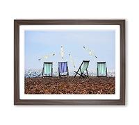 Seascape Deckchairs Brighton Beach Seagulls Modern Framed Wall Art Print, Ready to Hang Picture for Living Room Bedroom Home Office Décor, Walnut A4 (34 x 25 cm)