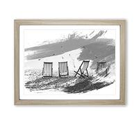 Seascape Deckchairs Brighton Beach Seagulls V1 Modern Framed Wall Art Print, Ready to Hang Picture for Living Room Bedroom Home Office Décor, Oak A3 (46 x 34 cm)