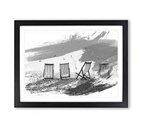 Seascape Deckchairs Brighton Beach Seagulls V1 Modern Framed Wall Art Print, Ready to Hang Picture for Living Room Bedroom Home Office Décor, Black A2 (64 x 46 cm)