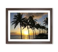 Seascape Hawaii Sunset Palm Trees Modern Framed Wall Art Print, Ready to Hang Picture for Living Room Bedroom Home Office Décor, Walnut A2 (64 x 46 cm)
