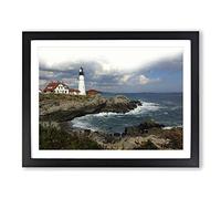 Seascape Lighthouse Maine USA Modern Framed Wall Art Print, Ready to Hang Picture for Living Room Bedroom Home Office Décor, Black A4 (34 x 25 cm)