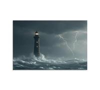 Seascape Lighthouse Wall Art, Black And White Ocean Wave Lightning Storm Canvas Poster for Home Decor 08x12inch(20x30cm)