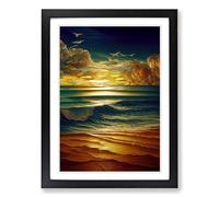 Seascape Ocean Stained Glass Framed Print | A2 Black Framed Wall Art | Ready to Hang | Modern Nautical Picture | Living Room Bedroom Lounge Office