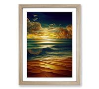 Seascape Ocean Stained Glass Framed Print | A2 Oak Framed Wall Art | Ready to Hang | Modern Nautical Picture | Living Room Bedroom Lounge Office