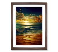 Seascape Ocean Stained Glass Framed Print | A2 Walnut Framed Wall Art | Ready to Hang | Modern Nautical Picture | Living Room Bedroom Lounge Office
