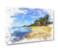 Seascape Palm Tree Tropical Beach Paradise (5) V3 Canvas Print | Gallery Wrapped 30mm Frame Wall Art | 30x20 inches | Ready to Hang | Modern Floral Picture | Living Room Bedroom Lounge Office