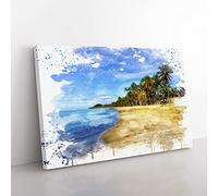 Seascape Palm Tree Tropical Beach Paradise No.5 V3 Modern Canvas Wall Art Print Ready to Hang, Framed Picture for Living Room Bedroom Home Office Décor, 60x40 cm (24x16 Inch)