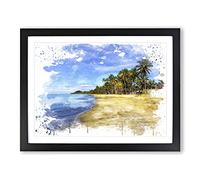 Seascape Palm Tree Tropical Beach Paradise No.5 V3 Modern Framed Print | A2 Black Framed Wall Art | Ready to Hang | Modern Floral Picture | Living Room Bedroom Lounge Office