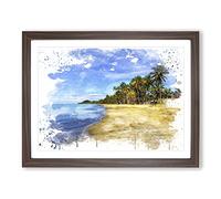Seascape Palm Tree Tropical Beach Paradise No.5 V3 Modern Framed Print | A2 Walnut Framed Wall Art | Ready to Hang | Modern Floral Picture | Living Room Bedroom Lounge Office