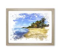 Seascape Palm Tree Tropical Beach Paradise No.5 V3 Modern Framed Print | A3 Oak Framed Wall Art | Ready to Hang | Modern Floral Picture | Living Room Bedroom Lounge Office