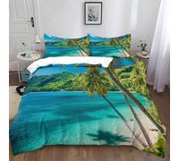 Seascape Single Duvet Cover Set Coconut Trees Bedding Soft Breathable Microfiber 3D Quilt Cover 135 x 200 cm with Zipper Closure and 2 Pillowcases b-1107