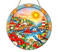 Seascape Suncatchers for Windows, Stained Glass Sun Catchers for Windows, Acrylic Seaside Sun Catchers with Cord, Window Hanging Decor for Home, Garden, Patio, Doorway & Balcony