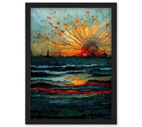Seascape Sunset Port City Waves Horizon Artwork Framed Wall Art Print A4 Artery8 Black One Size