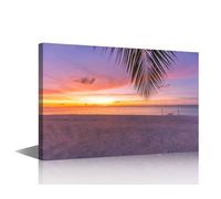 Seascape Theme Canvas Wall Art for Office Nature Landscape at Tropical Beach Poster Palm Leaf With Colorful Sky in Sunset Picture for Meeting Room Study Decor, Ready to Hang 1 Panel (16"Wx24"H)