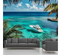 Seascape Wallpaper, Tropical Ocean Palm Leaves Boat Panoramic Mural, Wall Paper for Living Room Bedroom Hallway Restaurant Home Decoration - 400x280 cm Wall Mural