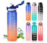 SEASEVEN Sports 1L Water Bottle with Straw,Plastic Drinks Bottle,1 Litre Water Bottles with Time Markings,Waterbottle Leak Proof-Bpa-Free for Gym,School, Office,Travel (Blue Orange)