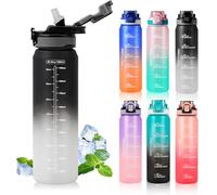 SEASEVEN Sports 1L Water Bottle with Straw,Plastic Drinks Bottle,1 Litre Water Bottles with Time Markings,Waterbottle Leak Proof-Bpa-Free for Gym,School, Office,Travel (Black-White)