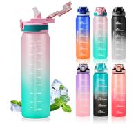 SEASEVEN Sports 1L Water Bottle with Straw,Plastic Drinks Bottle,1 Litre Water Bottles with Time Markings,Waterbottle Leak Proof-Bpa-Free for Gym,School, Office,Travel (Pink-Green)